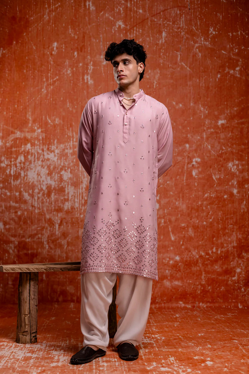 Pastel Pink Cotton Chikan Mirror Kurta
