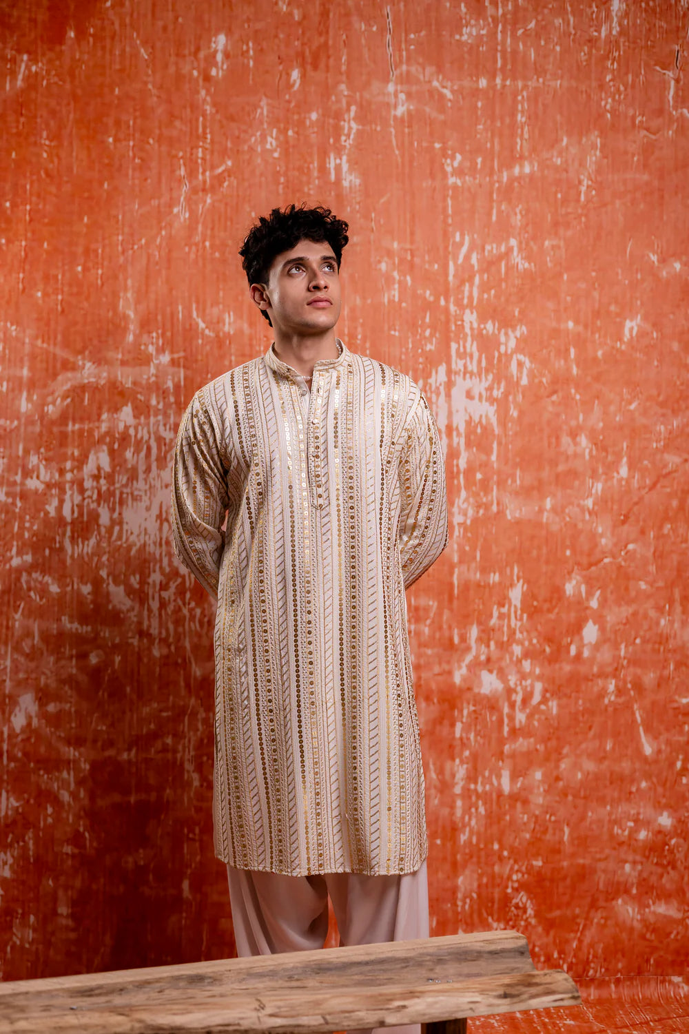 Off White Cotton Blend Sequin Mens Kurta