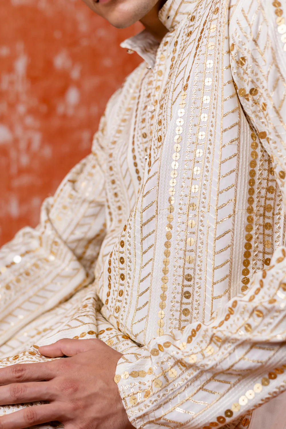 Off White Cotton Blend Sequin Mens Kurta