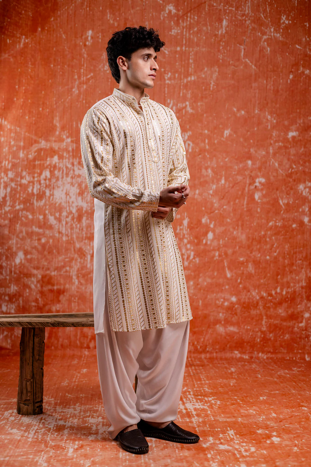 Off White Cotton Blend Sequin Mens Kurta