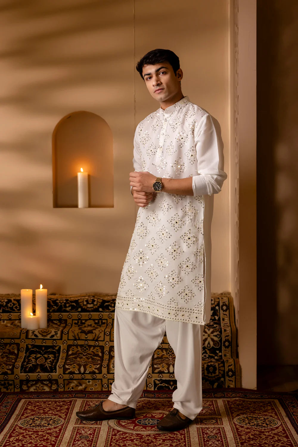 White Mirror Sequin Embroidered Pearl Kurta