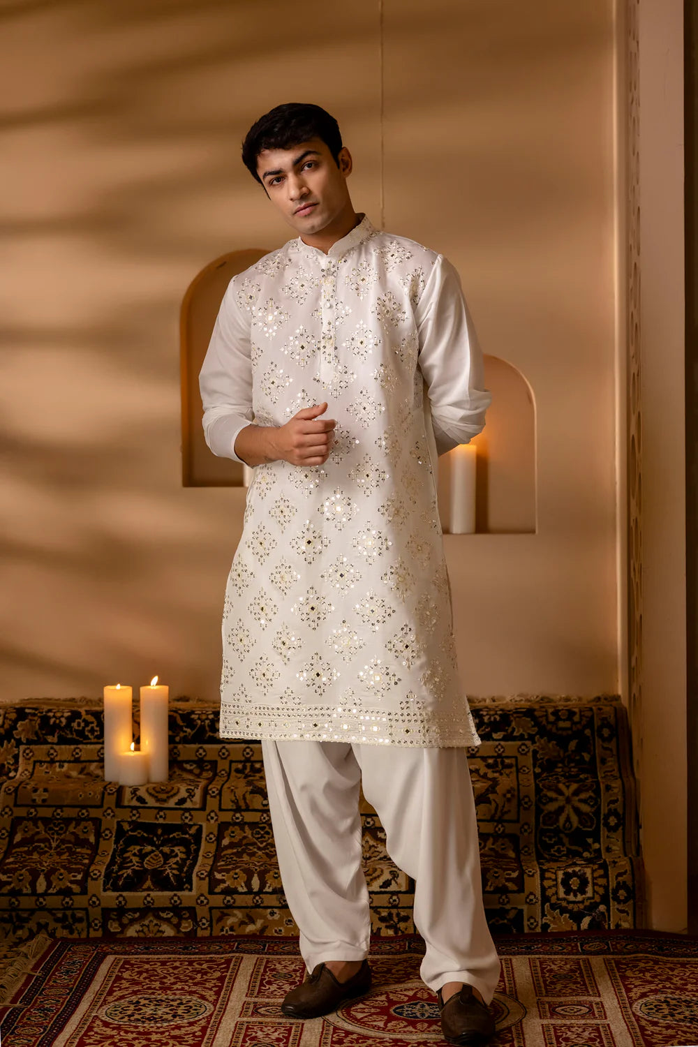 White Mirror Sequin Embroidered Pearl Kurta