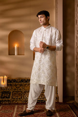 White Mirror Sequin Embroidered Pearl Kurta