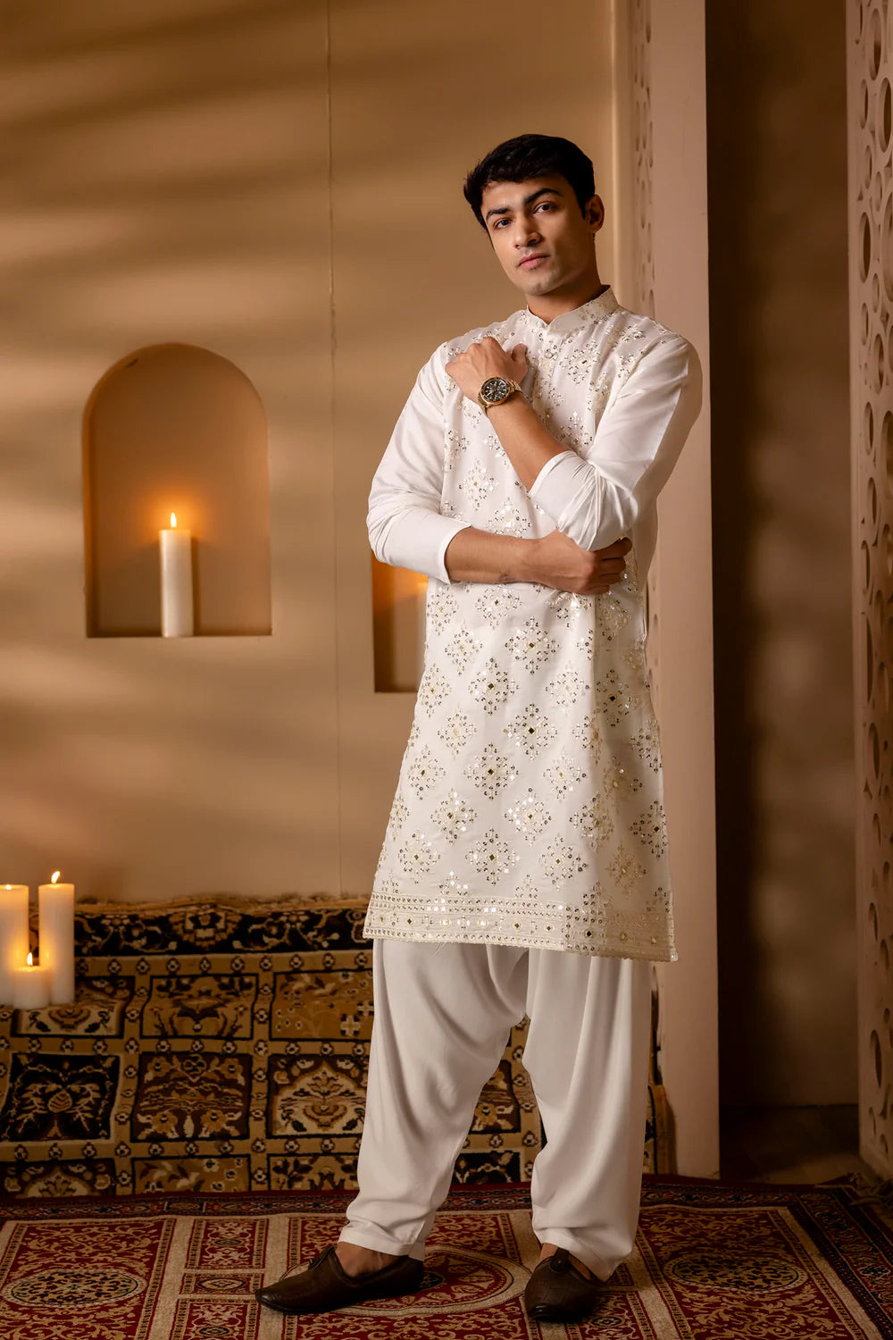 White Mirror Sequin Embroidered Pearl Kurta