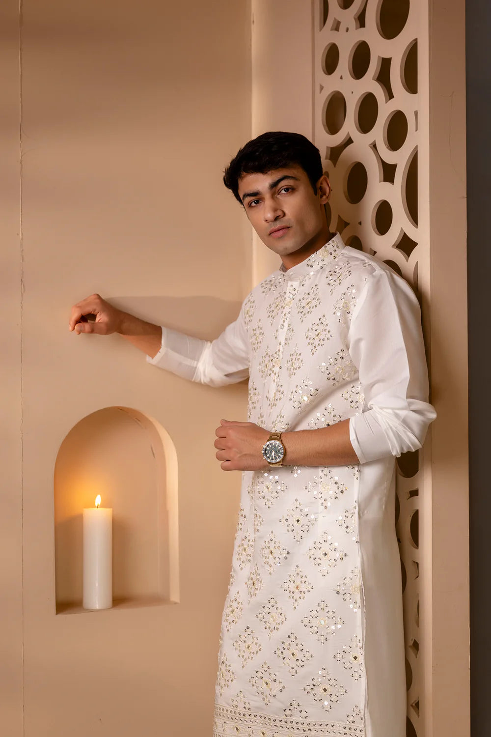 White Mirror Sequin Embroidered Pearl Kurta