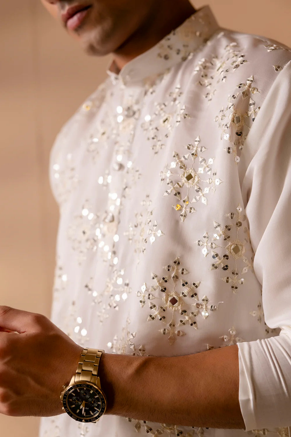 White Mirror Sequin Embroidered Pearl Kurta