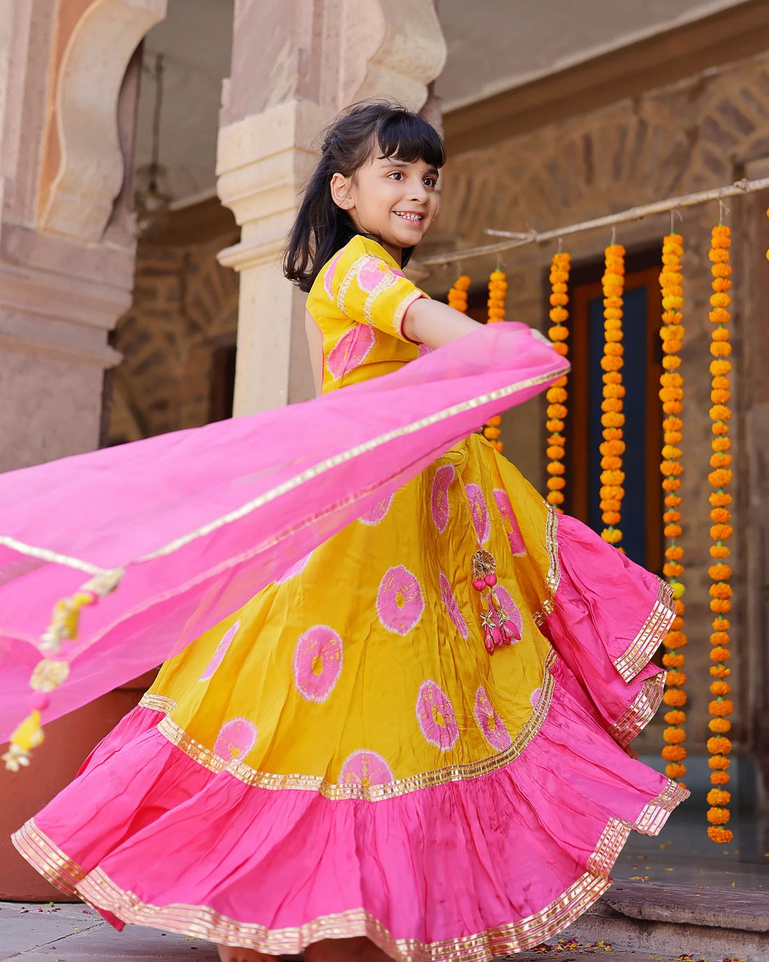 Yellow Varuna Silk Tie & Dye Lehenga Set