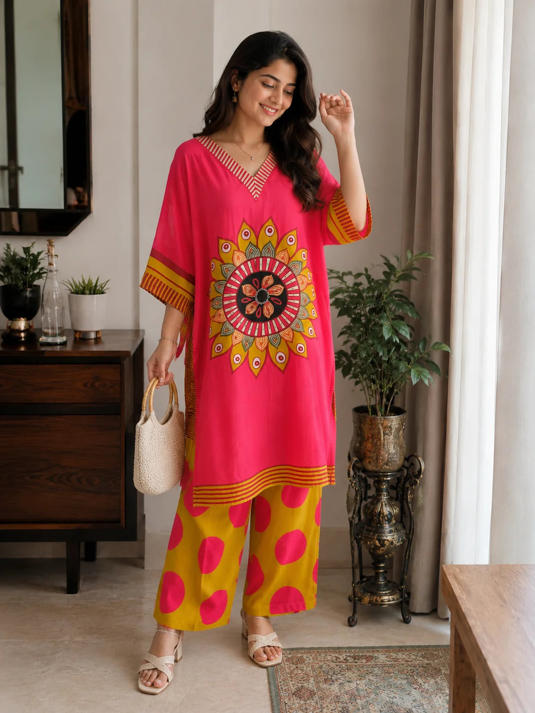 Crimson Mandala Printed Kaftan Set for Women