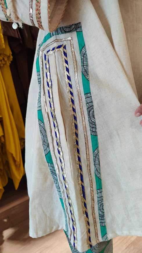 Ivory Cotton Flex Short Kurta with Green Printed Pant Set