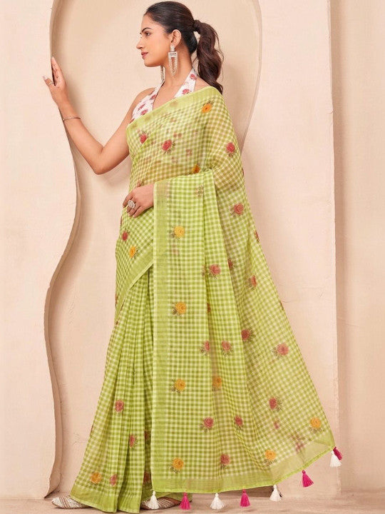 Silk  Floral Checked Woven Design Border Saree