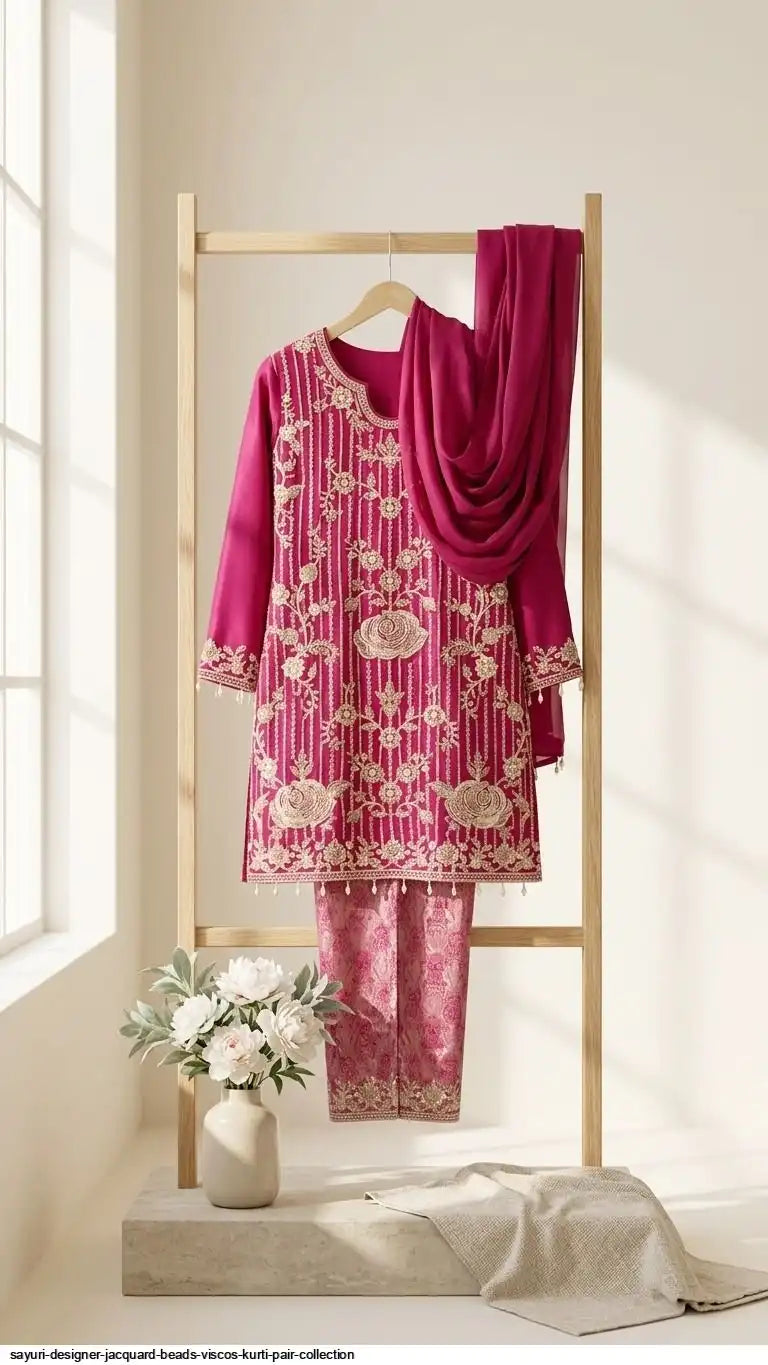 Meher Noor Designer Jacquard Kurti & Bottom Set