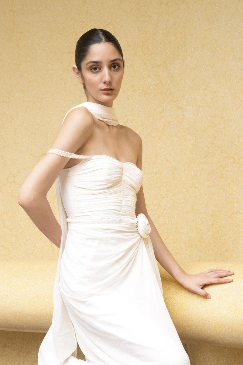 Ivory Pearl Cascade Off-Shoulder Gown