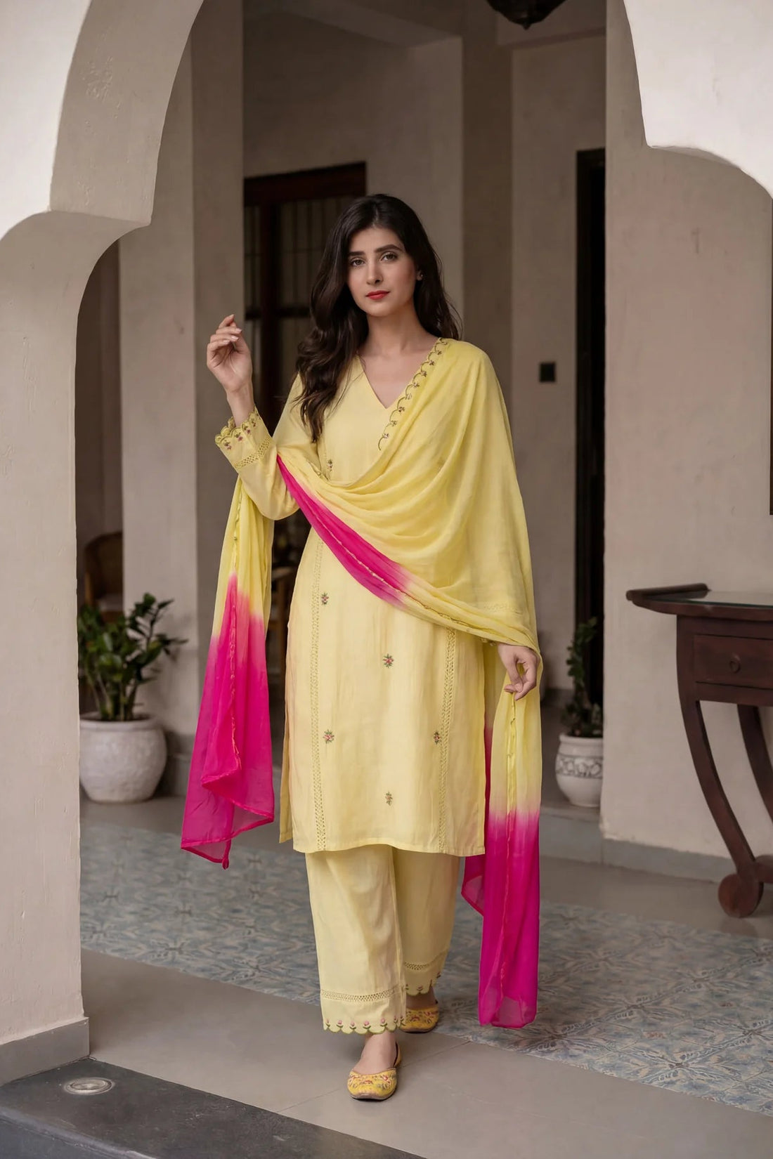 Kesari Noor Cotton Kurta Set with Pink Ombre Dupatta