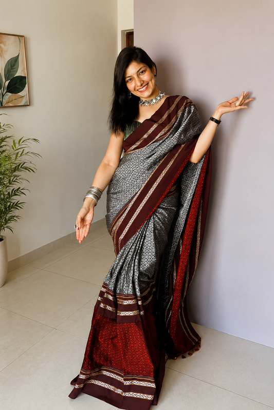 Khan Cotton Half & Half  Blend Saree with Grand Traditional Zari Border