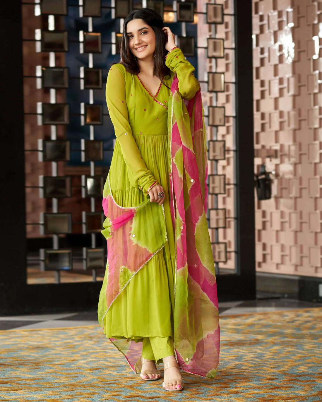 Mirror Work Embroidered Georgette Anarkali Suit Set