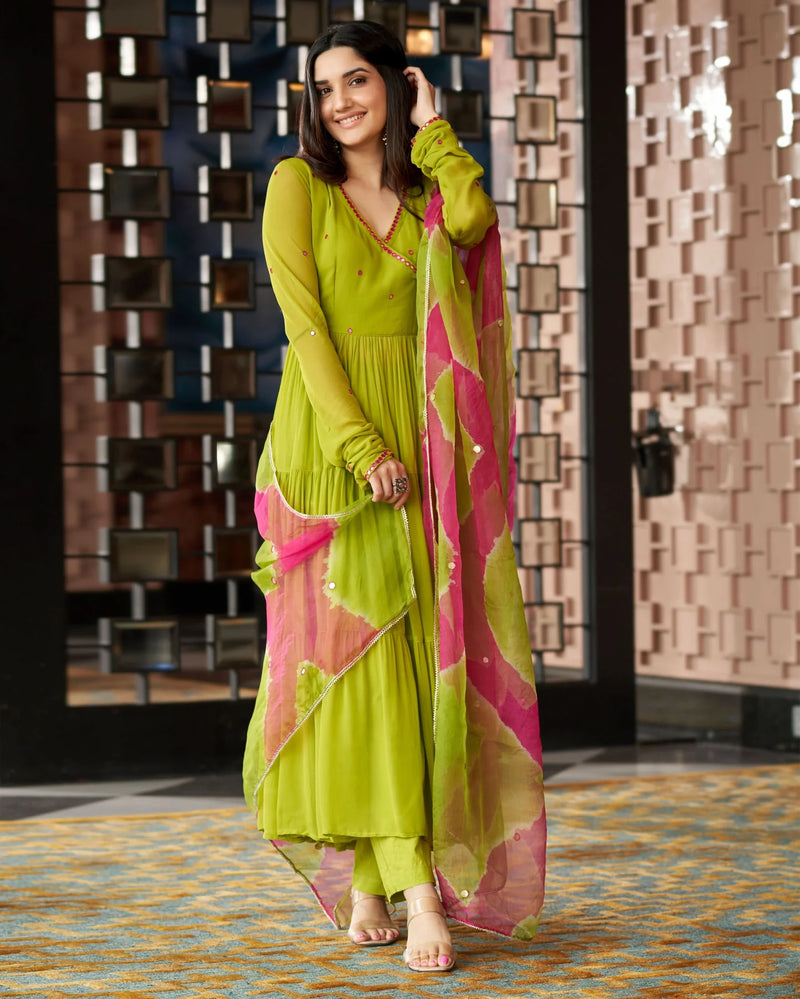 Mirror Work Embroidered Georgette Anarkali Suit Set