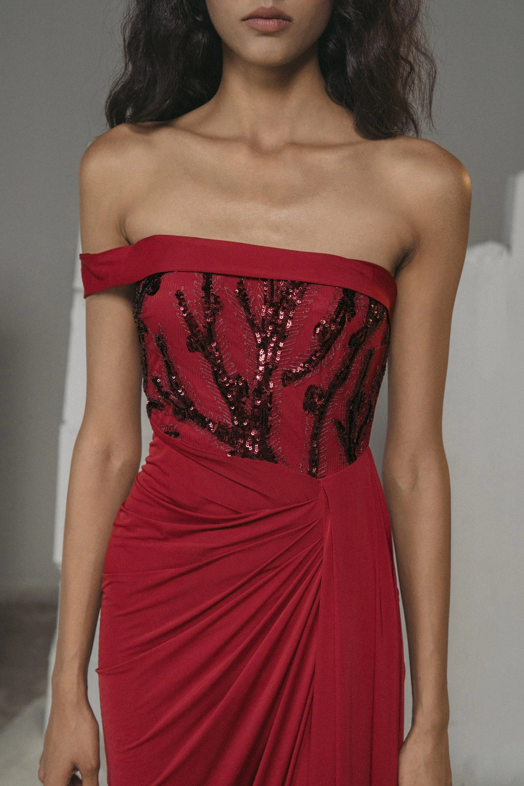 Burgundy Sequin Draped Glamour Gown