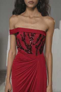 Burgundy Sequin Draped Glamour Gown