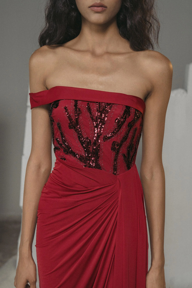 Burgundy Sequin Draped Glamour Gown