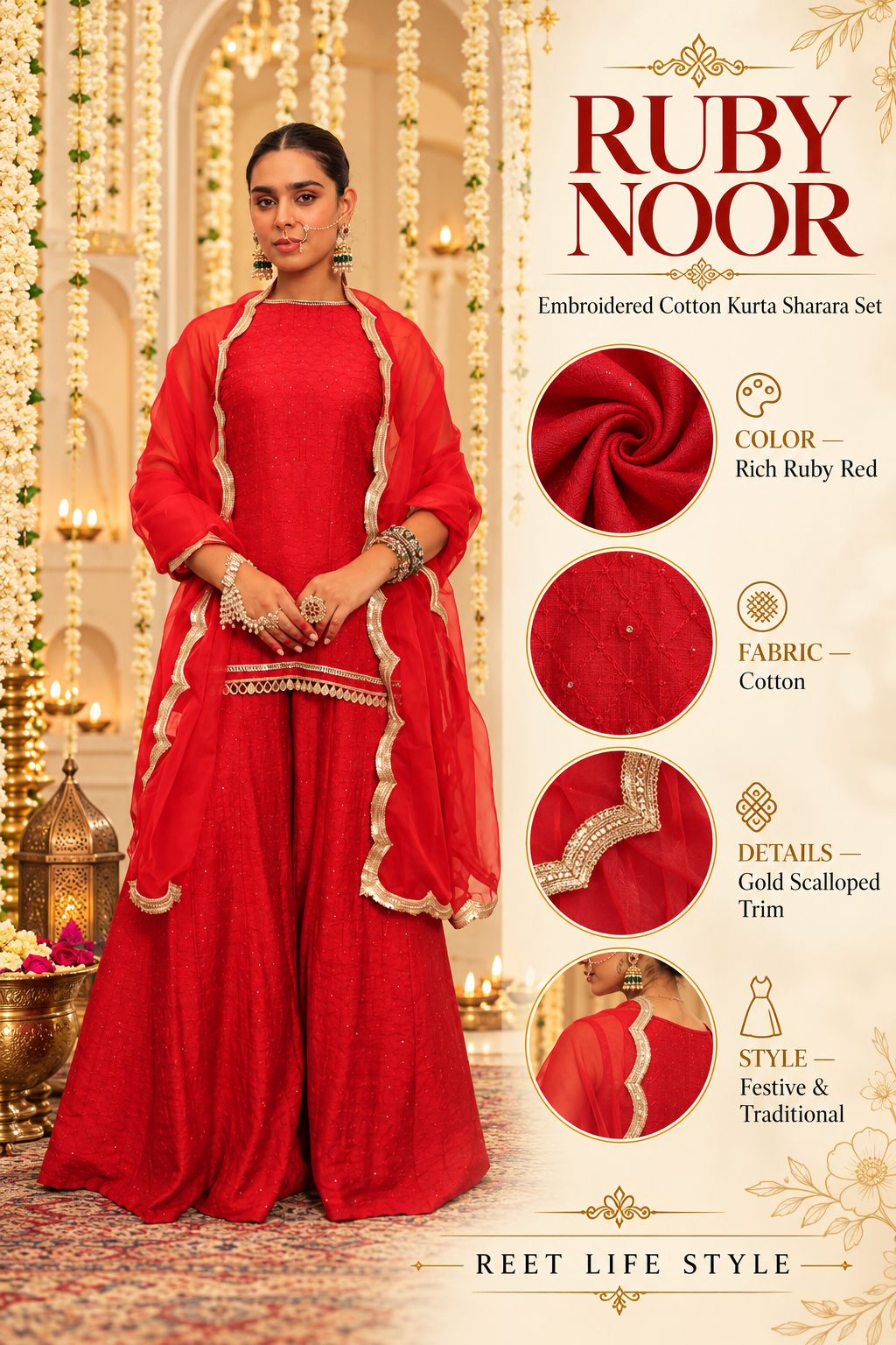 Ruby Noor Embroidered Cotton Kurta Sharara Set