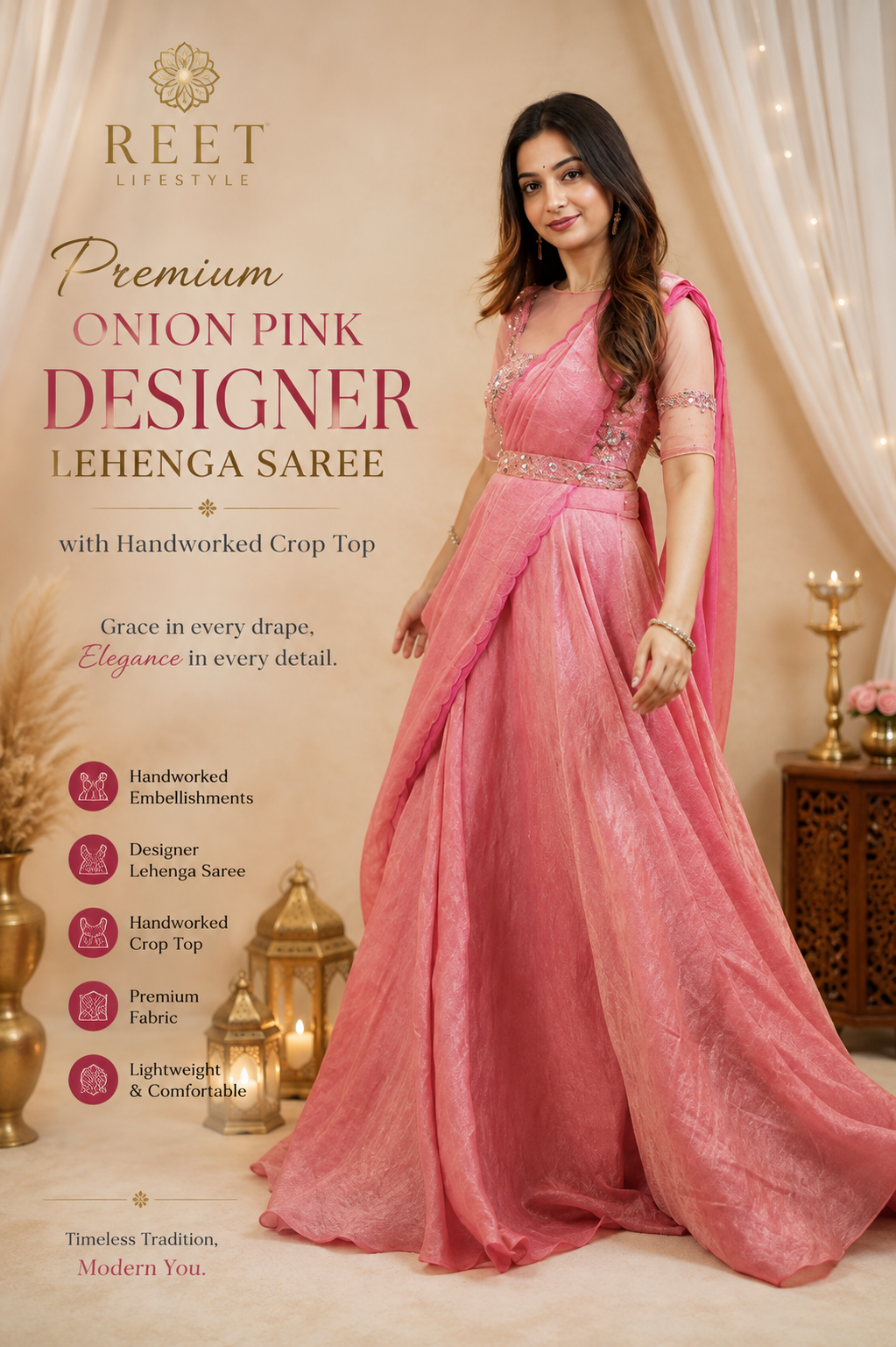 Premium Onion Pink Designer Lehenga Saree with Handworked Crop Top