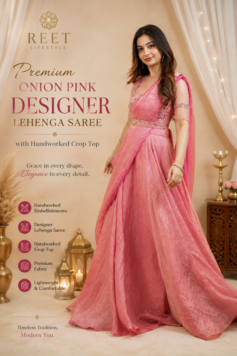 Premium Onion Pink Designer Lehenga Saree with Handworked Crop Top