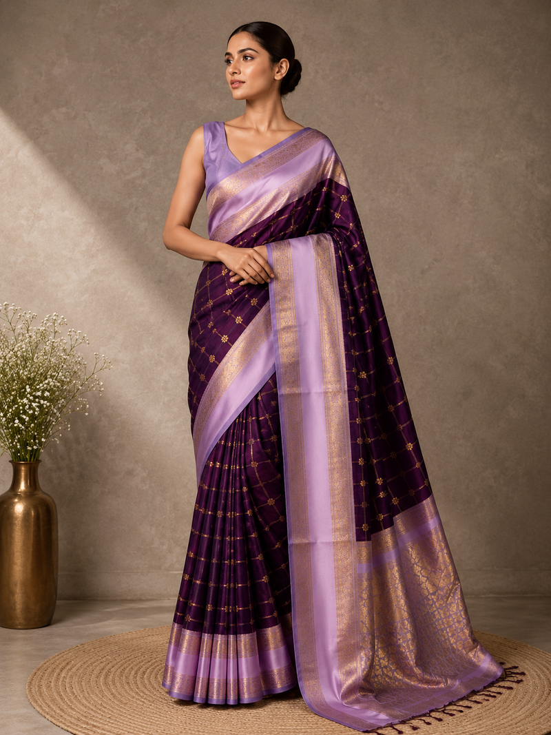 Banarasi Silk Saree with Lavender Zari Border