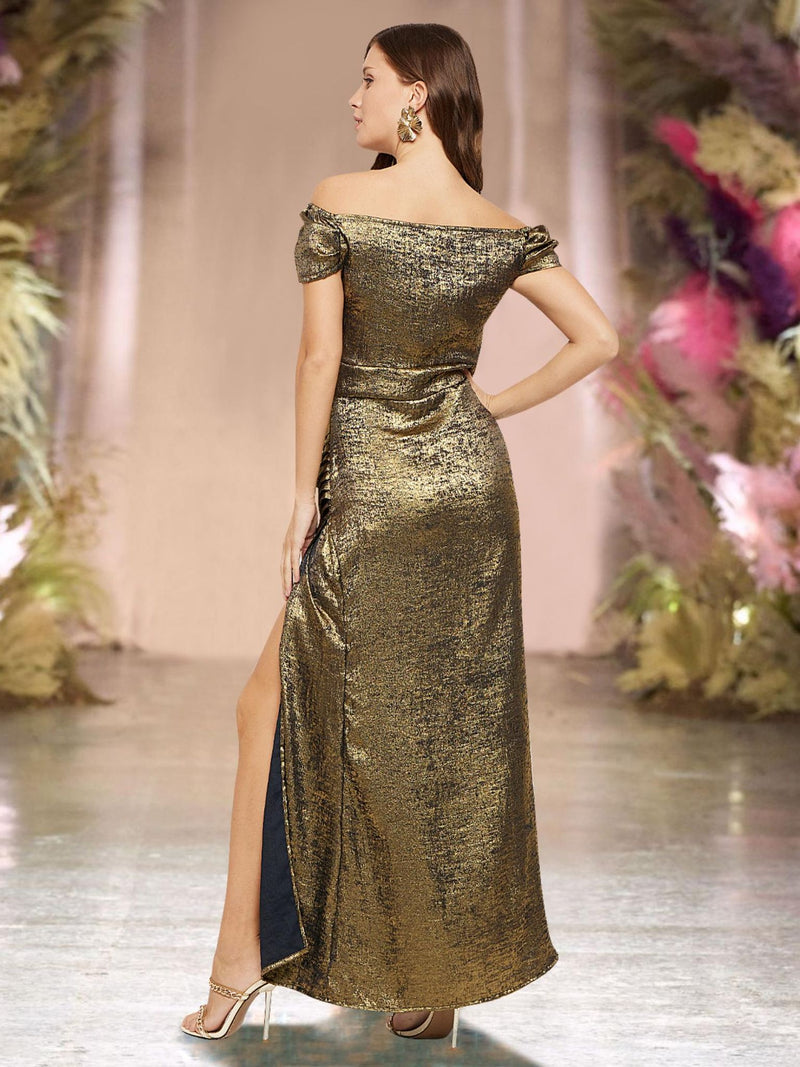Golden Eclipse Metallic Off-Shoulder High Slit Evening Gown for Women