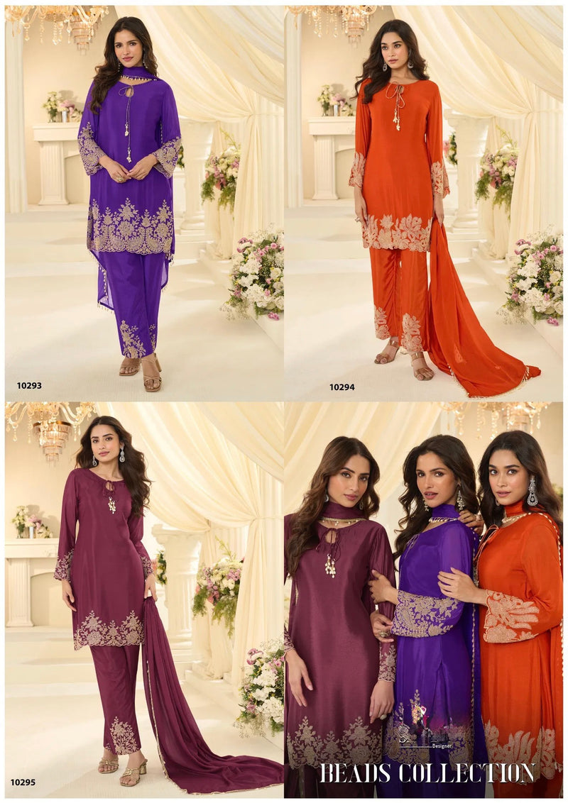 Latest Trendy Pakistani Style Rose Gold Beads Work Embroidered Top With Beads Embroidered Pant And Dupatta