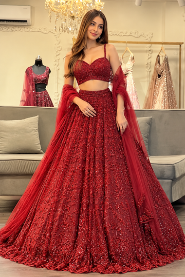 Royal Ruby Red Embroidered Designer Lehenga Choli