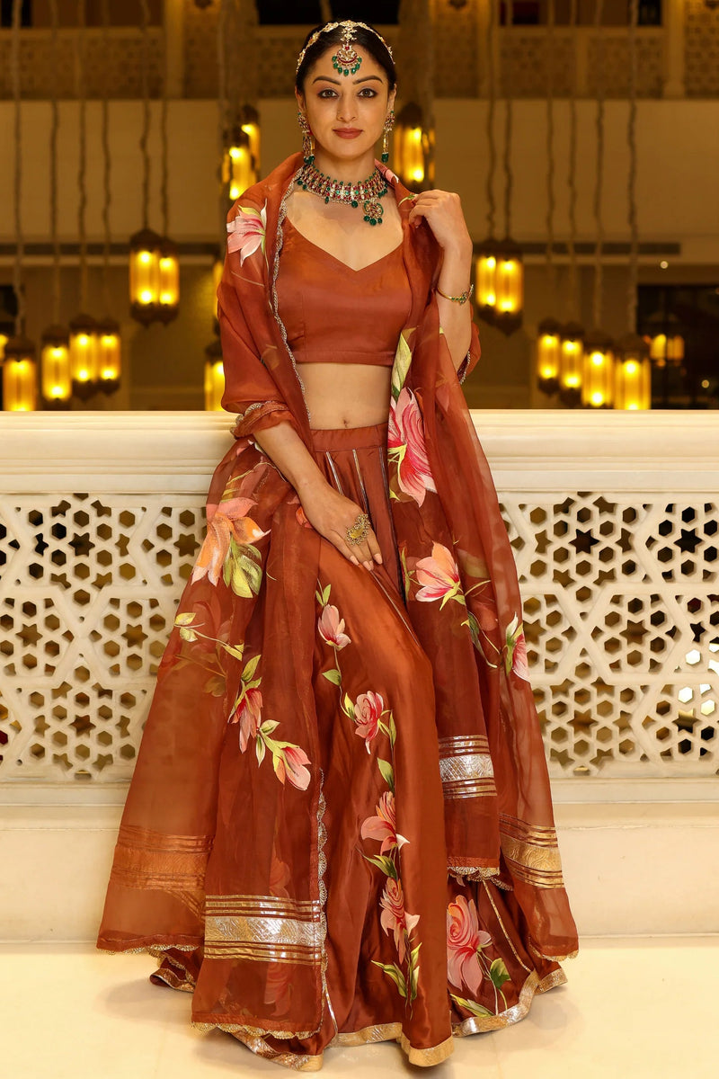Hand-Painted Floral Satin Lehenga Set