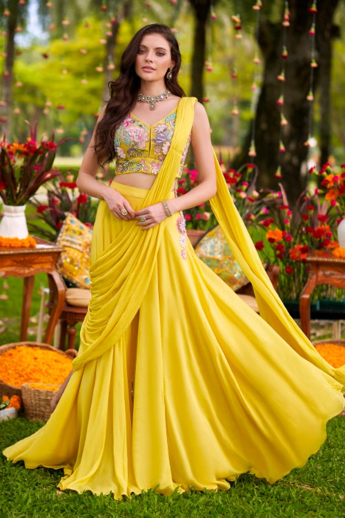 Yellow Embroidered Pre-Draped Palazzo Saree