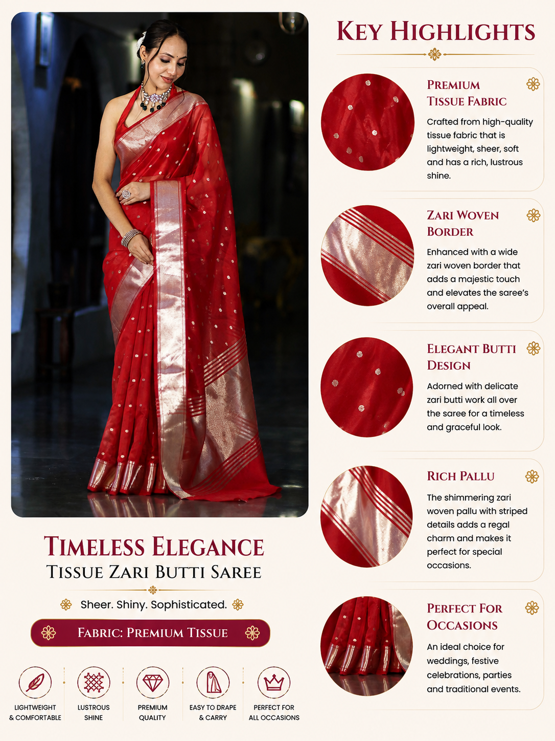 Red Tissue Saree with Silver Zari Border