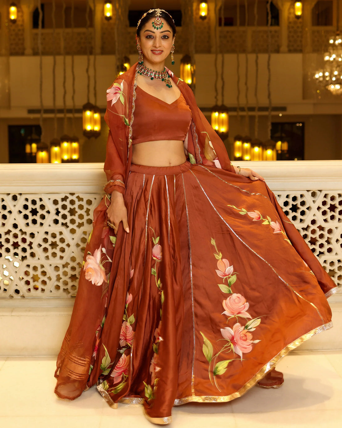 Hand-Painted Floral Satin Lehenga Set
