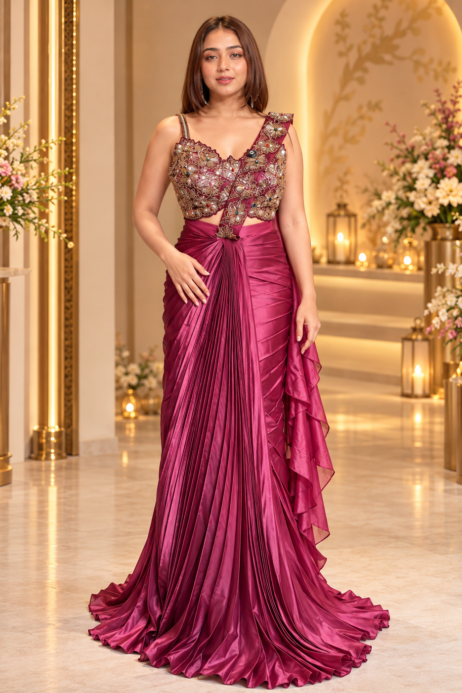 1. Glamour Edit Wine Saree with Designer Stonework Blouse