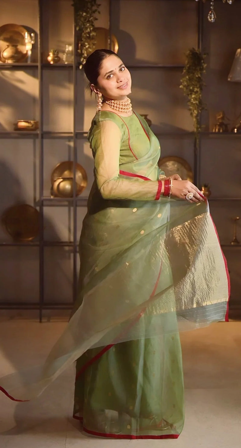 Royal Chanderi Silk Saree with Gold Zari Bootis