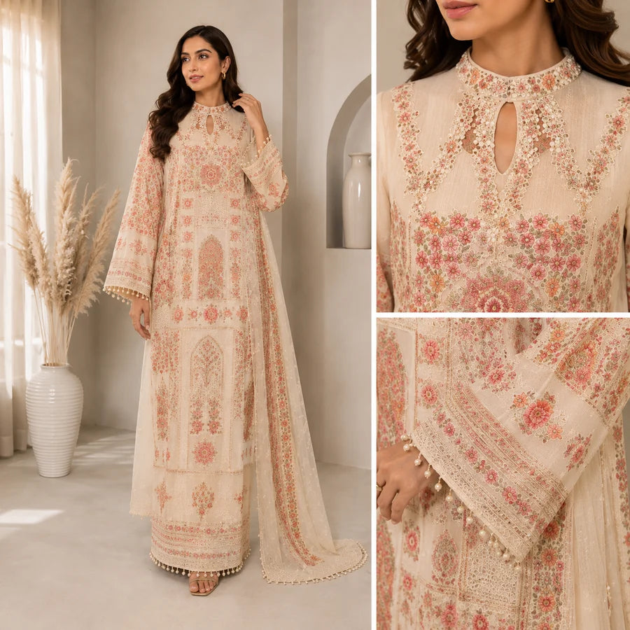 Black & Off-White Hand-Embroidered Long Kaftan