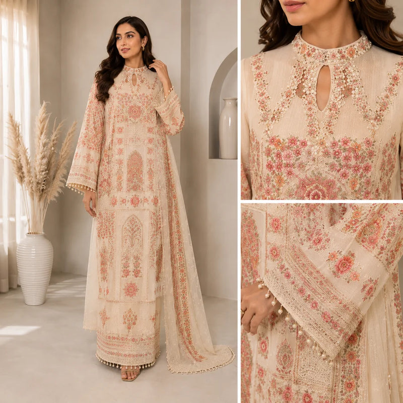 Black & Off-White Hand-Embroidered Long Kaftan