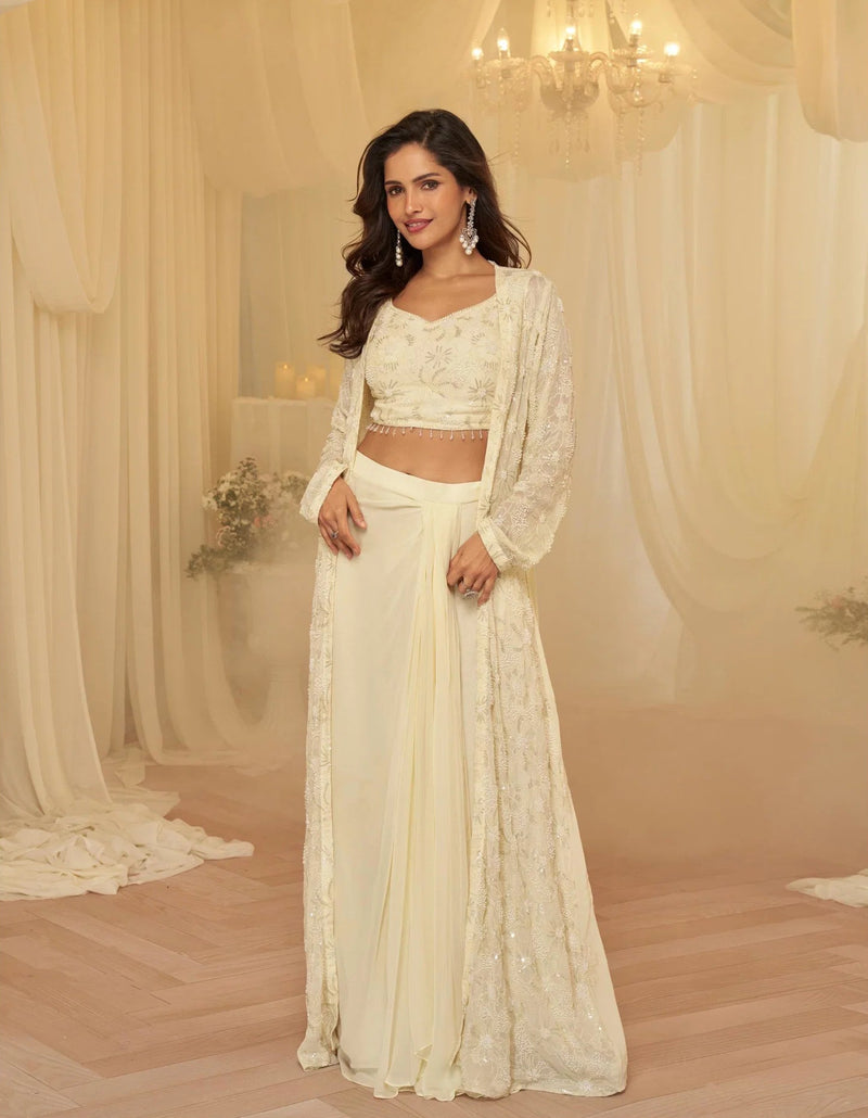 Ivory Embroidered Blouse, Palazzo & Jacket Set