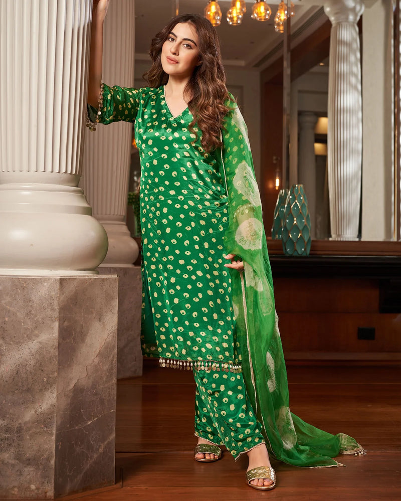 Green Bandhani Silk Suit Set