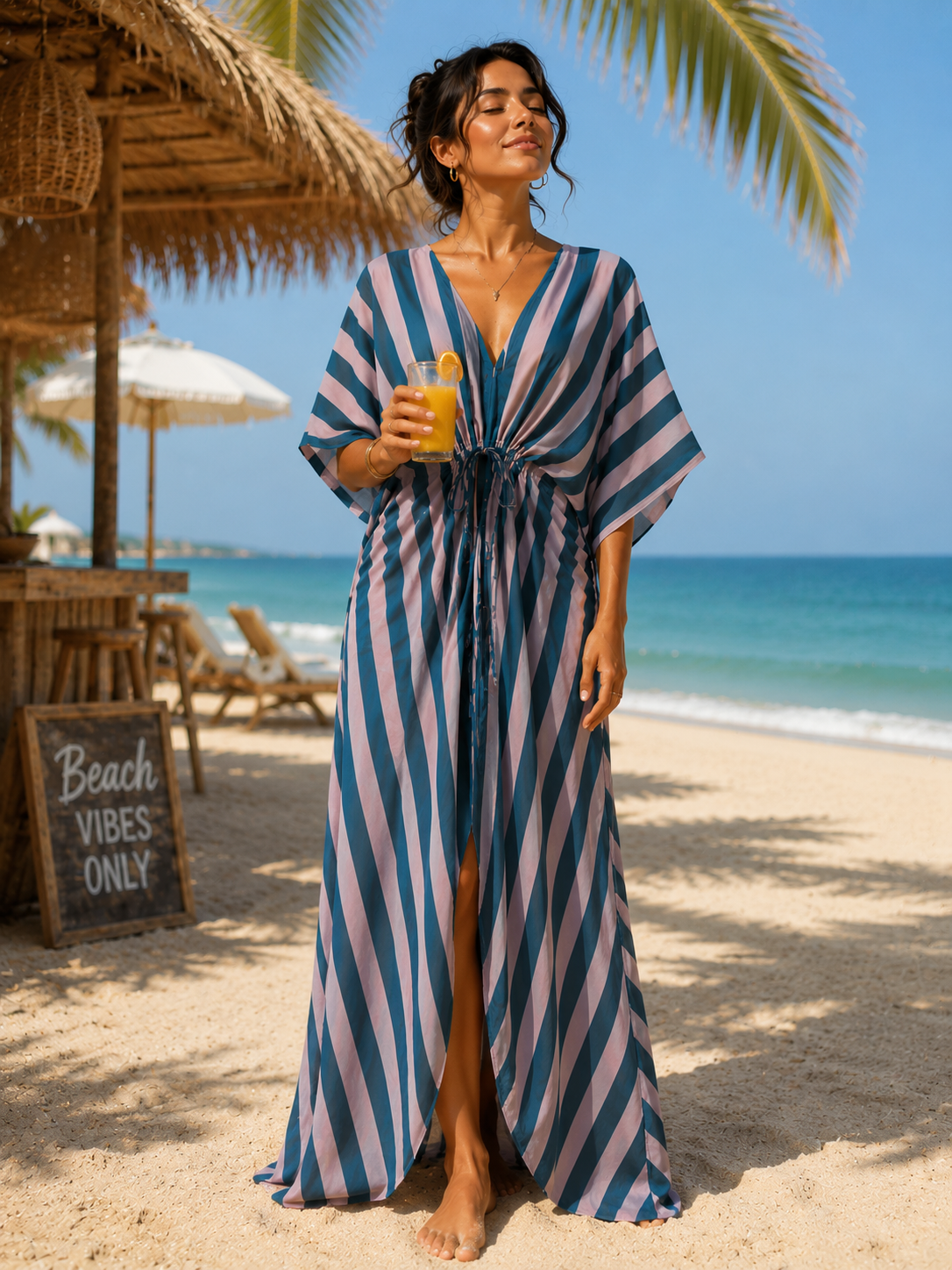 Sunset Pink Striped Long Kaftan Dress