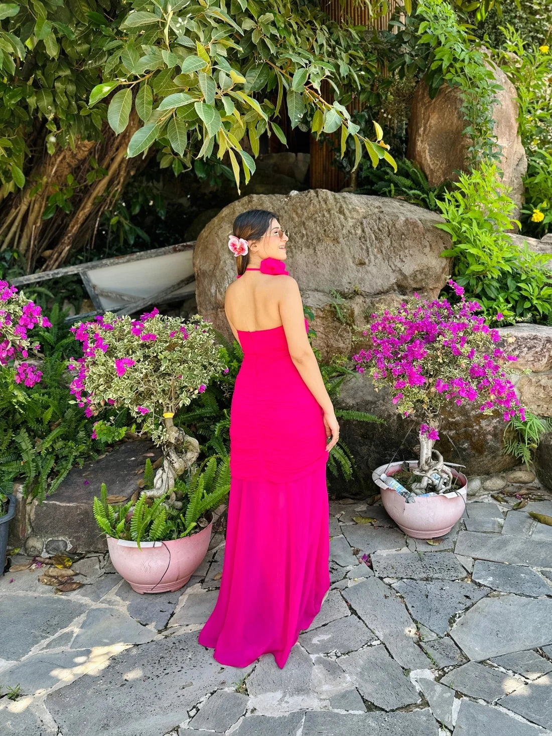Fuchsia Rose Halo Choker Maxi Dress