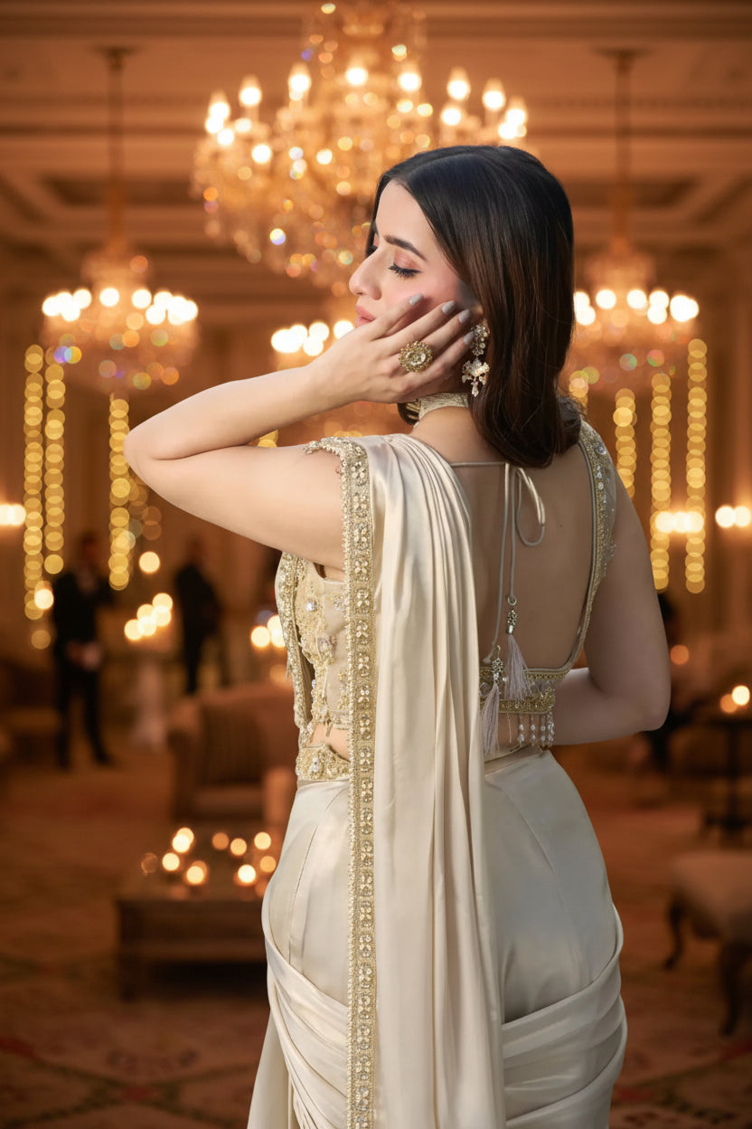 The Imperial Pre-Draped Saree with Moti and Stone Detailing