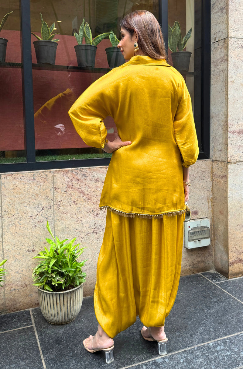 Zariya Mustard Draped Dhoti Set