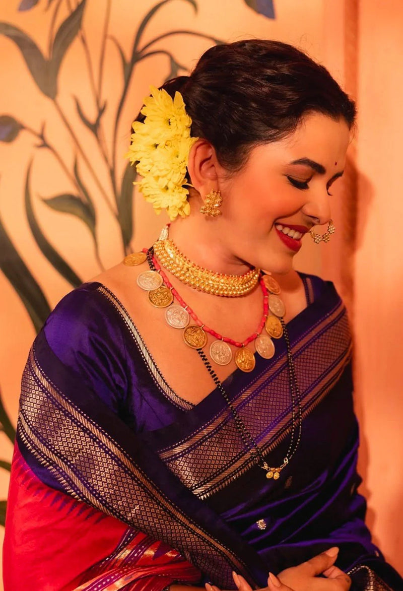 Paithani Weave with Peach and Gold Border with Double Pallu