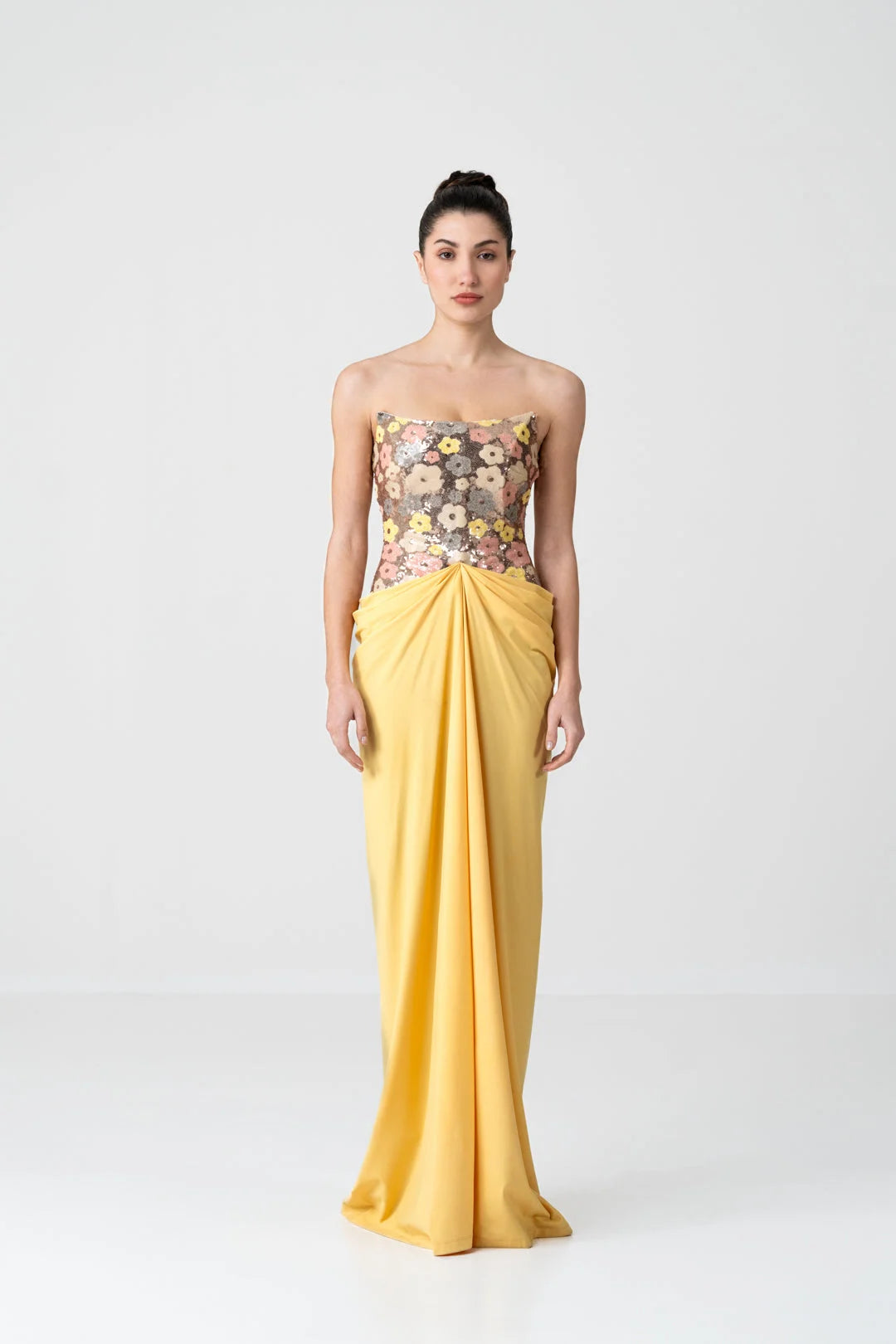 Golden Bloom Sequin Draped Gown