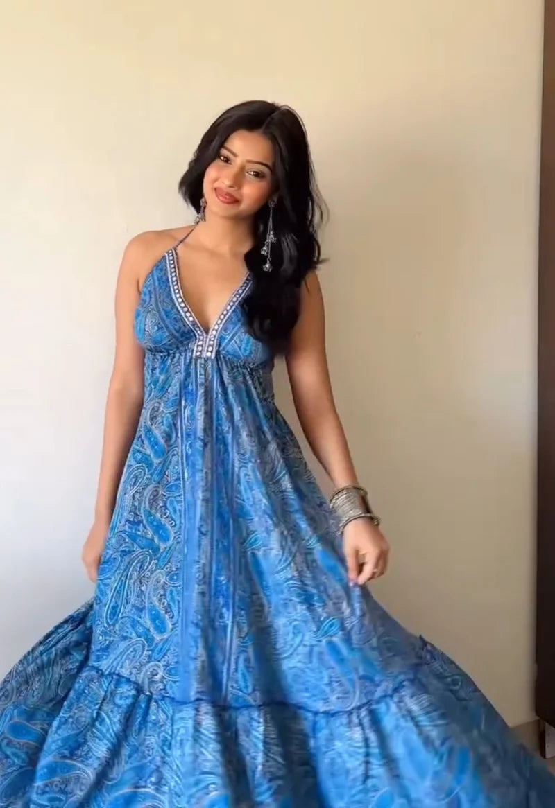Blue Mirage Paisley Backless Maxi Dress
