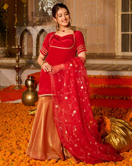 Red Solid Satin Sharara Set