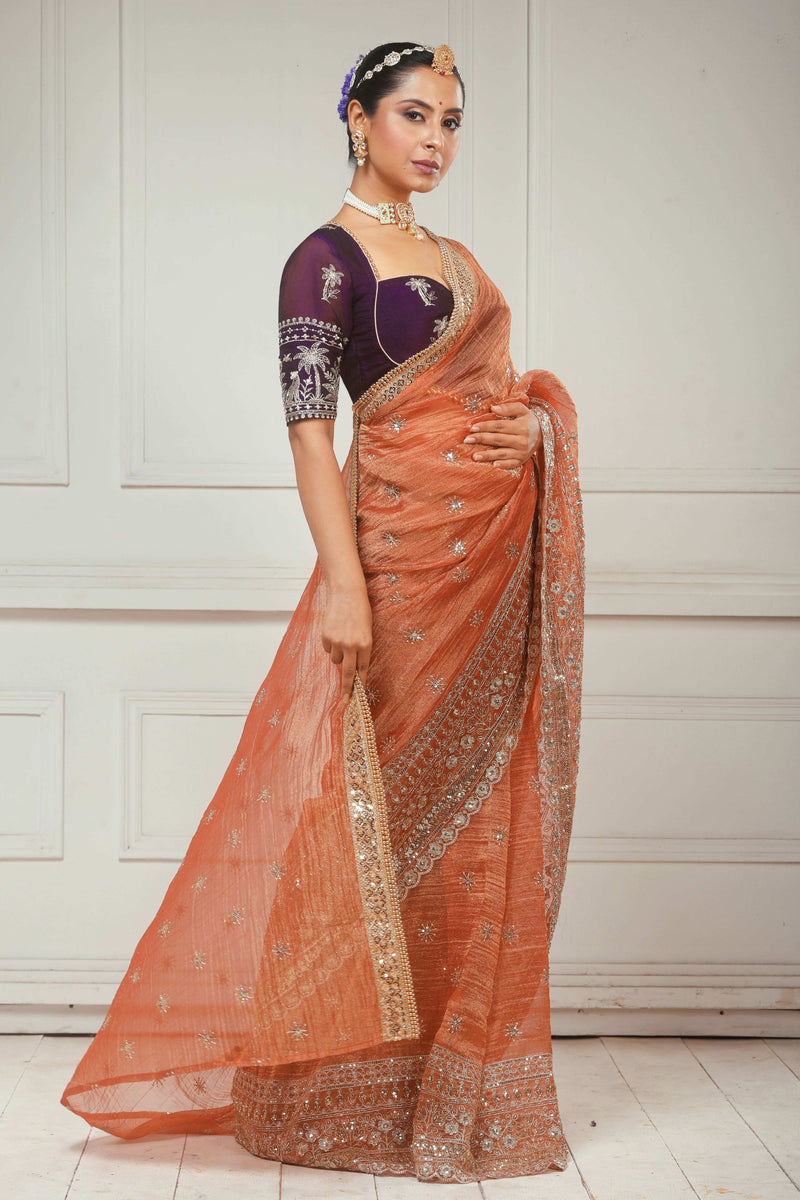 Crush Tissue Saree with Dark Wine Shimmer Tissue Blouse