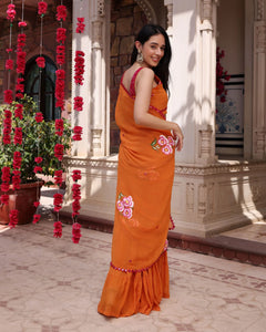 Orange Mirror Work Hand painted Georgette Pre-Draped Saree with Blouse